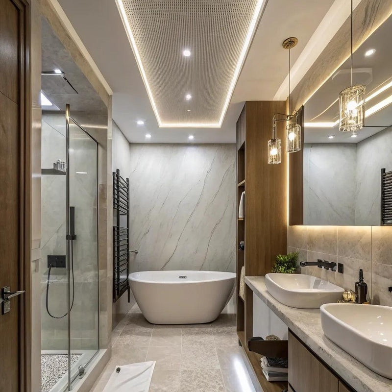 Bathroom Lighting Scheme for a High Ceiling in Brushed Chrome