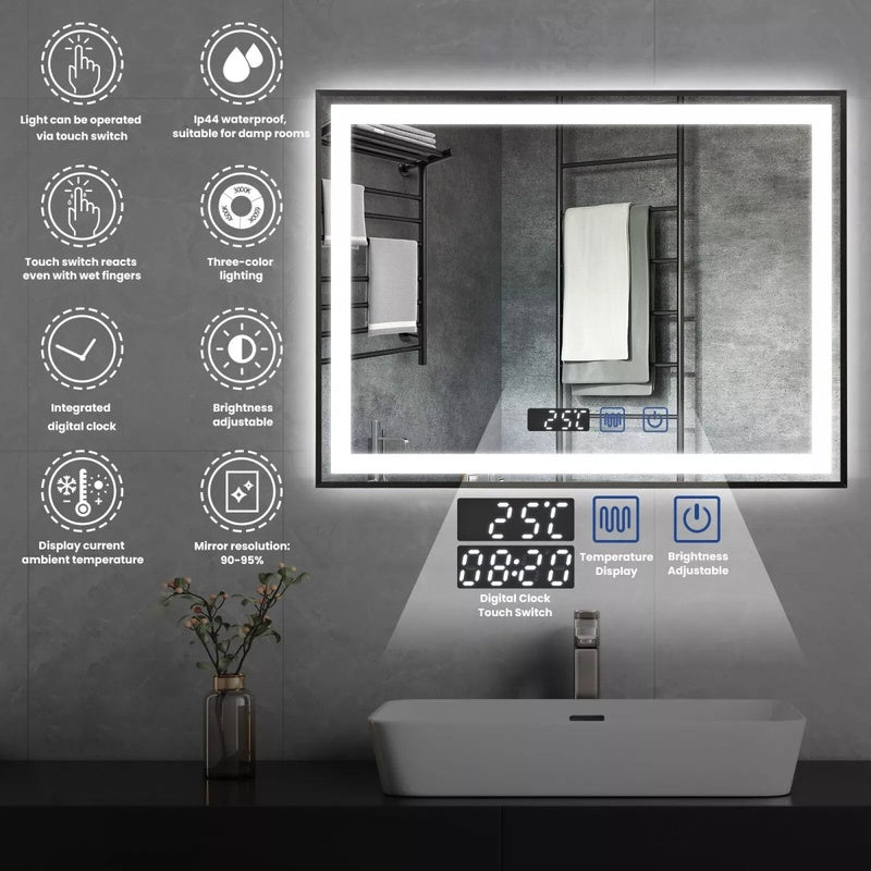 Demisting Mirror with a Clock and Temperature Display in Matt Black