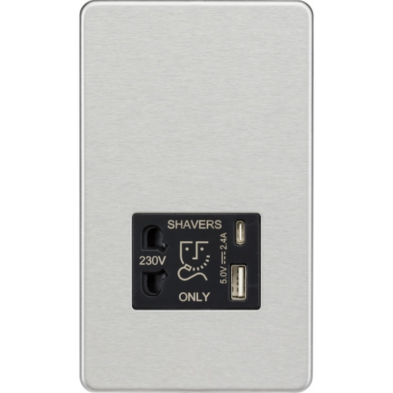 Dual Voltage Shaver Socket with USB C in Brushed Chrome