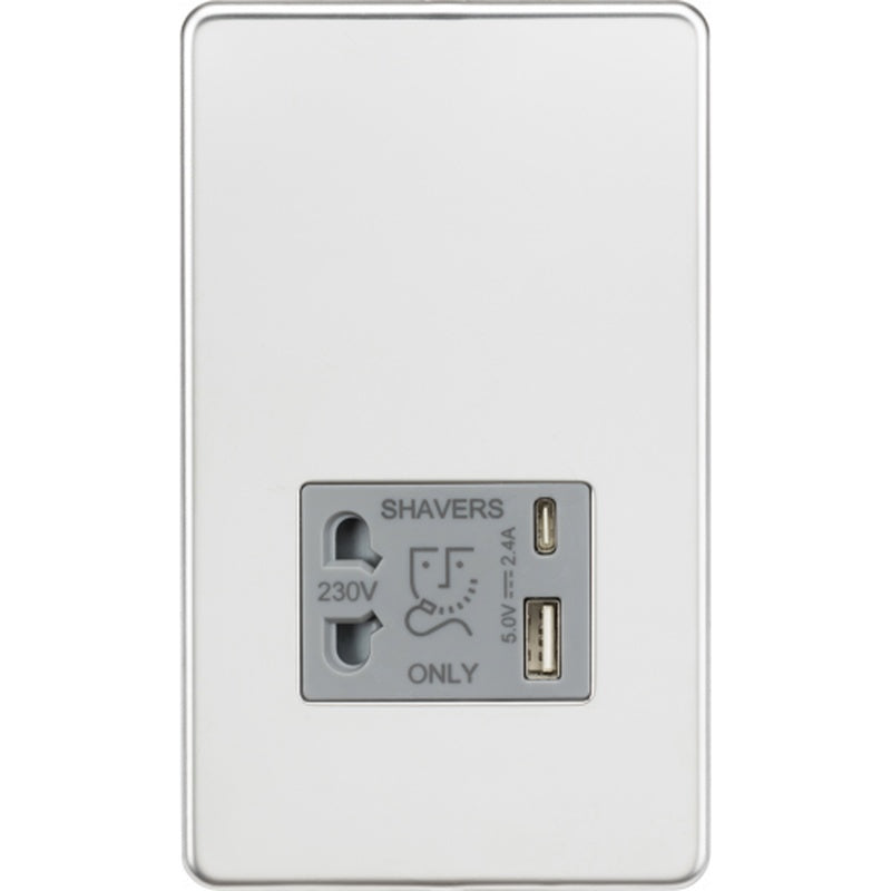 Dual Voltage Shaver Socket with USB C in Polished Chrome