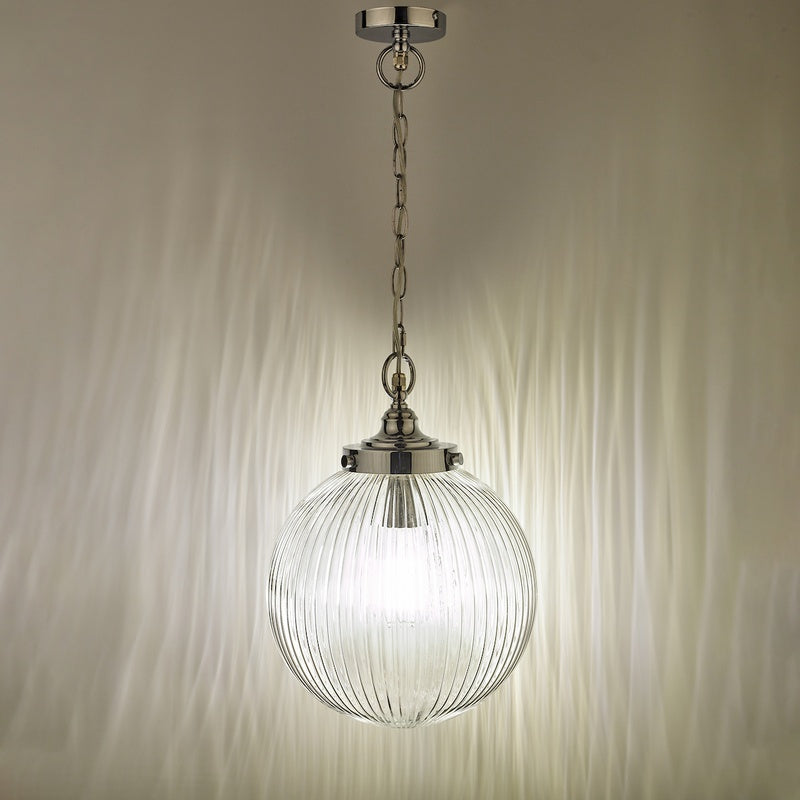 IP44 Rated Ribbed Glass Pendant Pair in Brushed Chrome