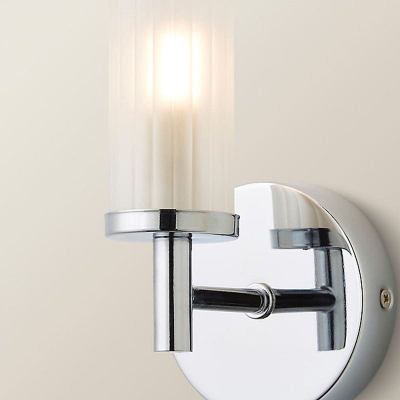 IP44 Wall Light with a Reeded Glass Cylinder in Brushed Chrome