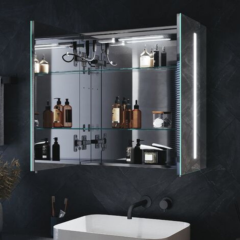 Illuminated Mirror Cabinet with Adjustable Glass Shelves in Brushed Chrome