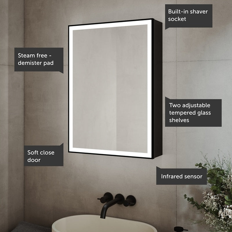 Illuminated Mirror Cabinet with a Demister Pad in Matt Black