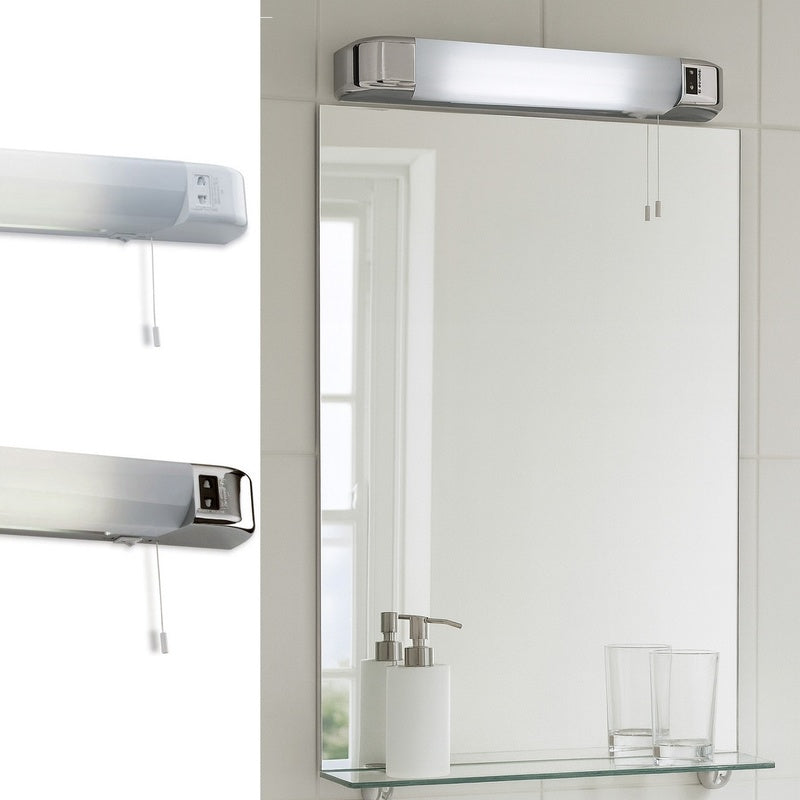 Mirror Lighting Kit with a Bar and a Shaver Socket in Brushed Chrome
