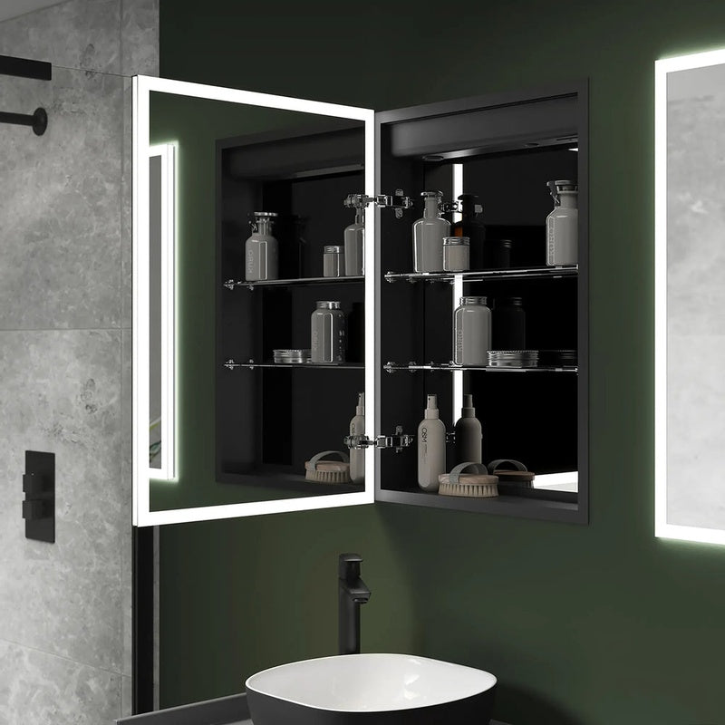 Recessed Illuminated Mirror Cabinet in Brushed Chrome