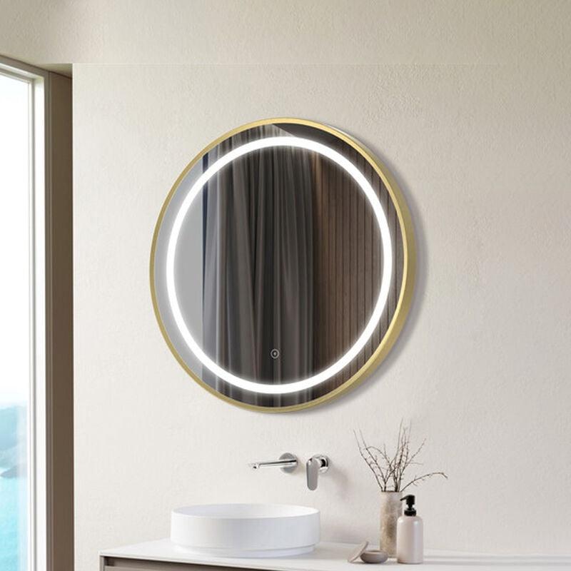 Round Front Lit Demisting Mirror in Brushed Brass