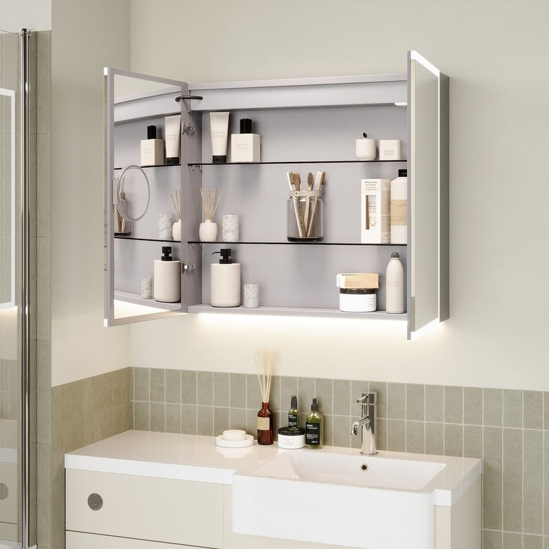 Wide Illuminated Mirror Cabinet for Two Basins in Brushed Chrome